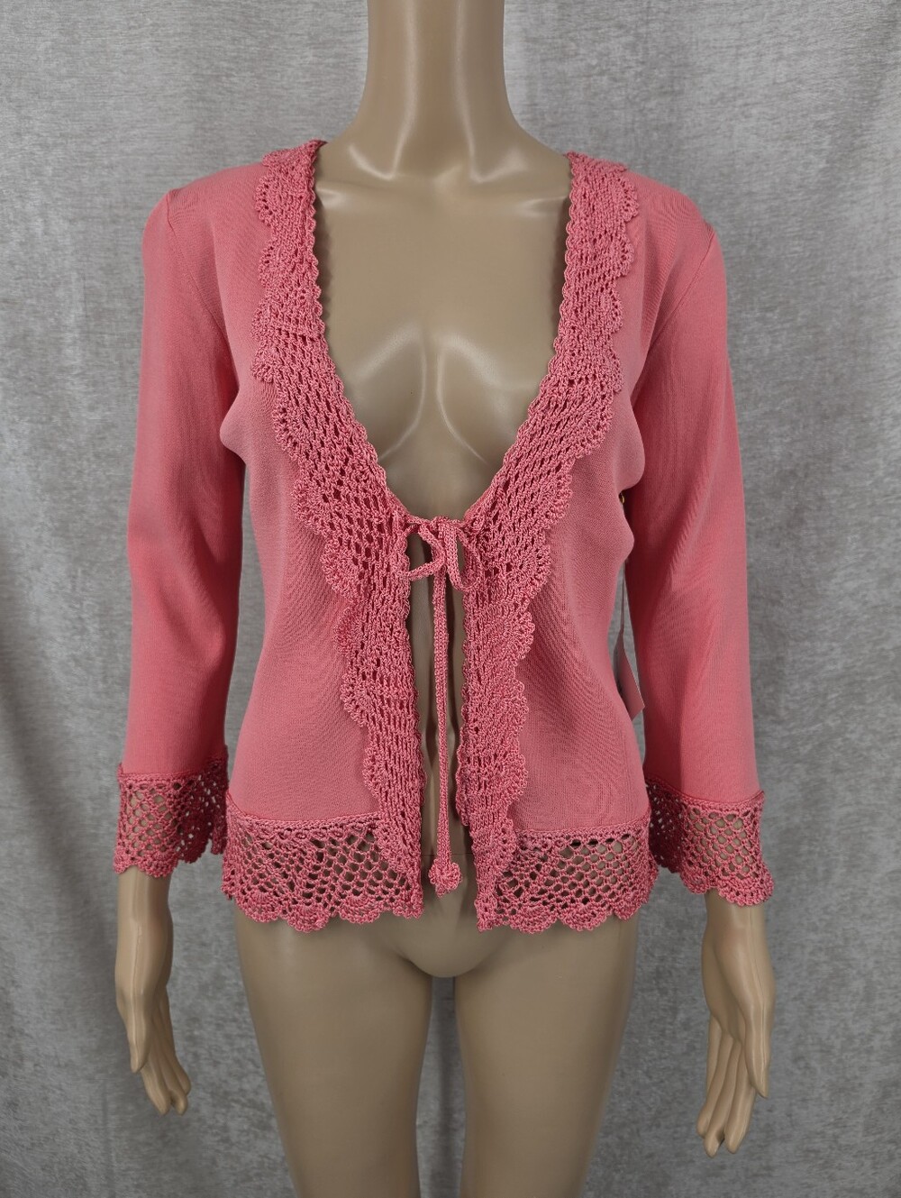 Y2K Coral Crochet Lace Tie Front Cardigan Sweater Micro Ribbed Knit NEW NWT